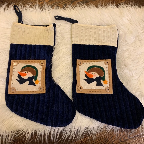 2 Beautiful Navy & Cream Primitive Snowman Stockings - Picture 2 of 12